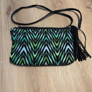 TOPSHOP Woven Chevron Raffia Bag – Green/Blue/Black – Faux Leather Tassel
